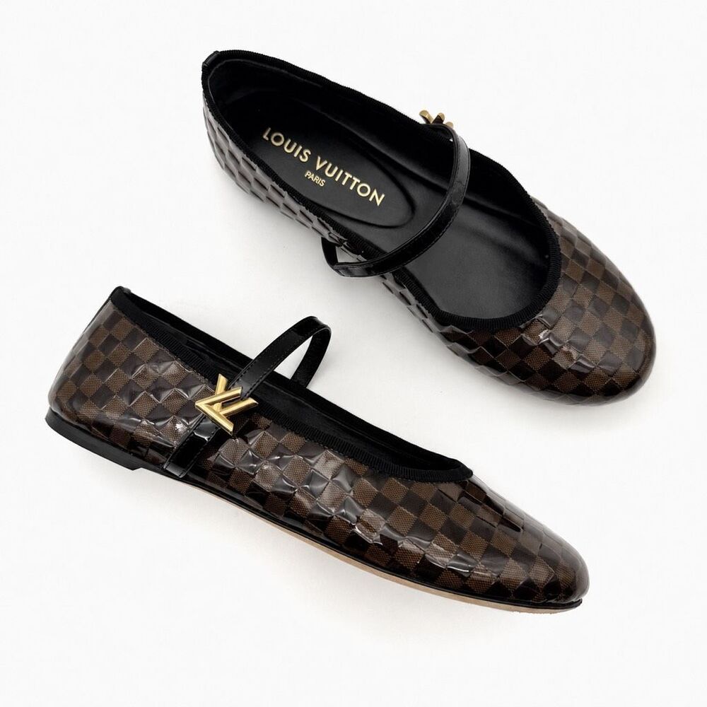 LOUIS VUITTON Romy Maryjane Ballet Flat Size 38 Damier Black Brown Leather